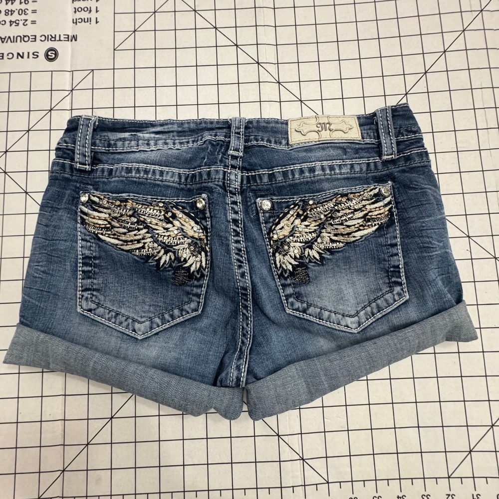Miss Me Angel Wing Sequin Denim Shorts Medium Wash Blue Size 31 Low Rise Cuffed